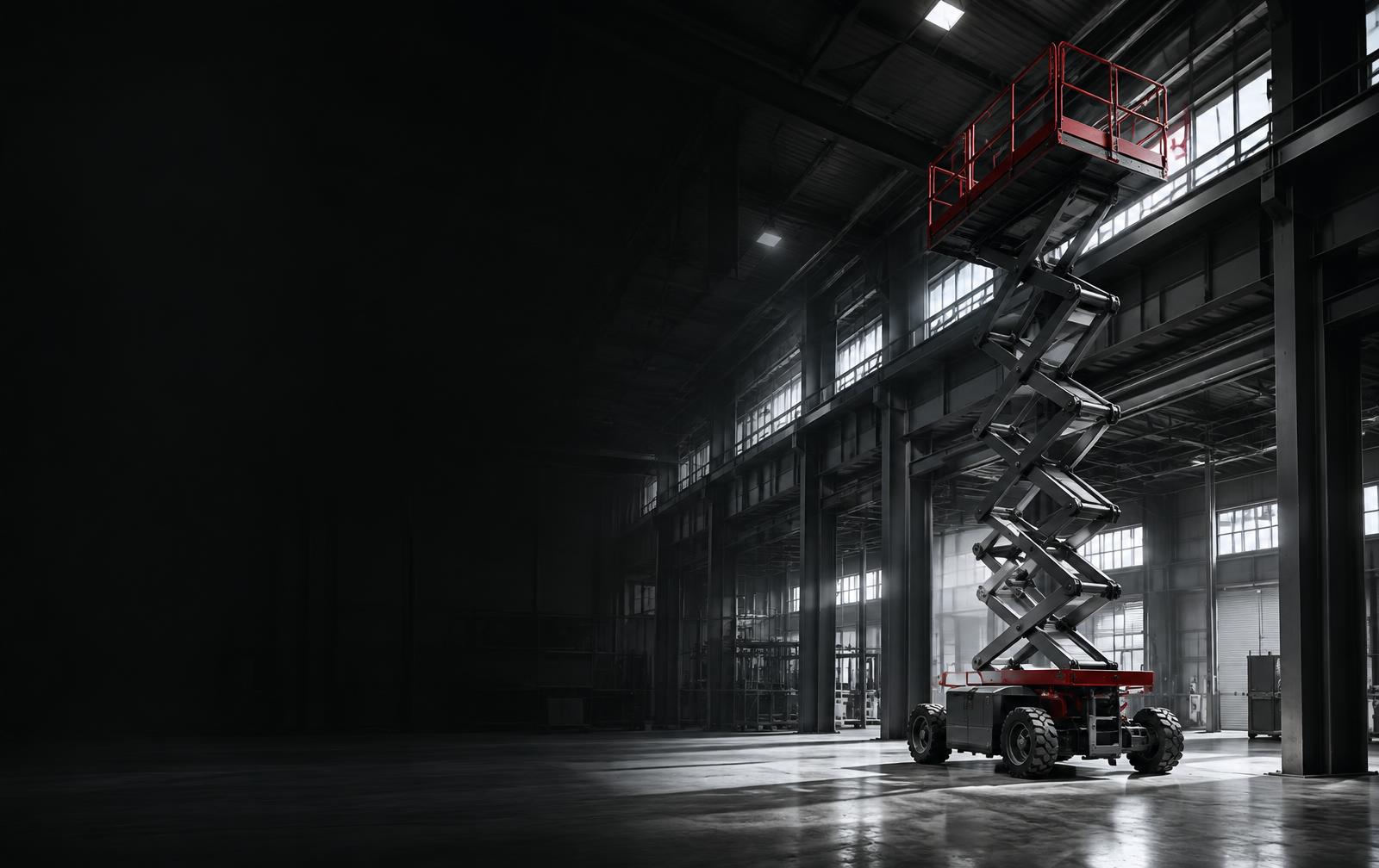 Plataforma elevatória operando em altura dentro de uma instalação industrial